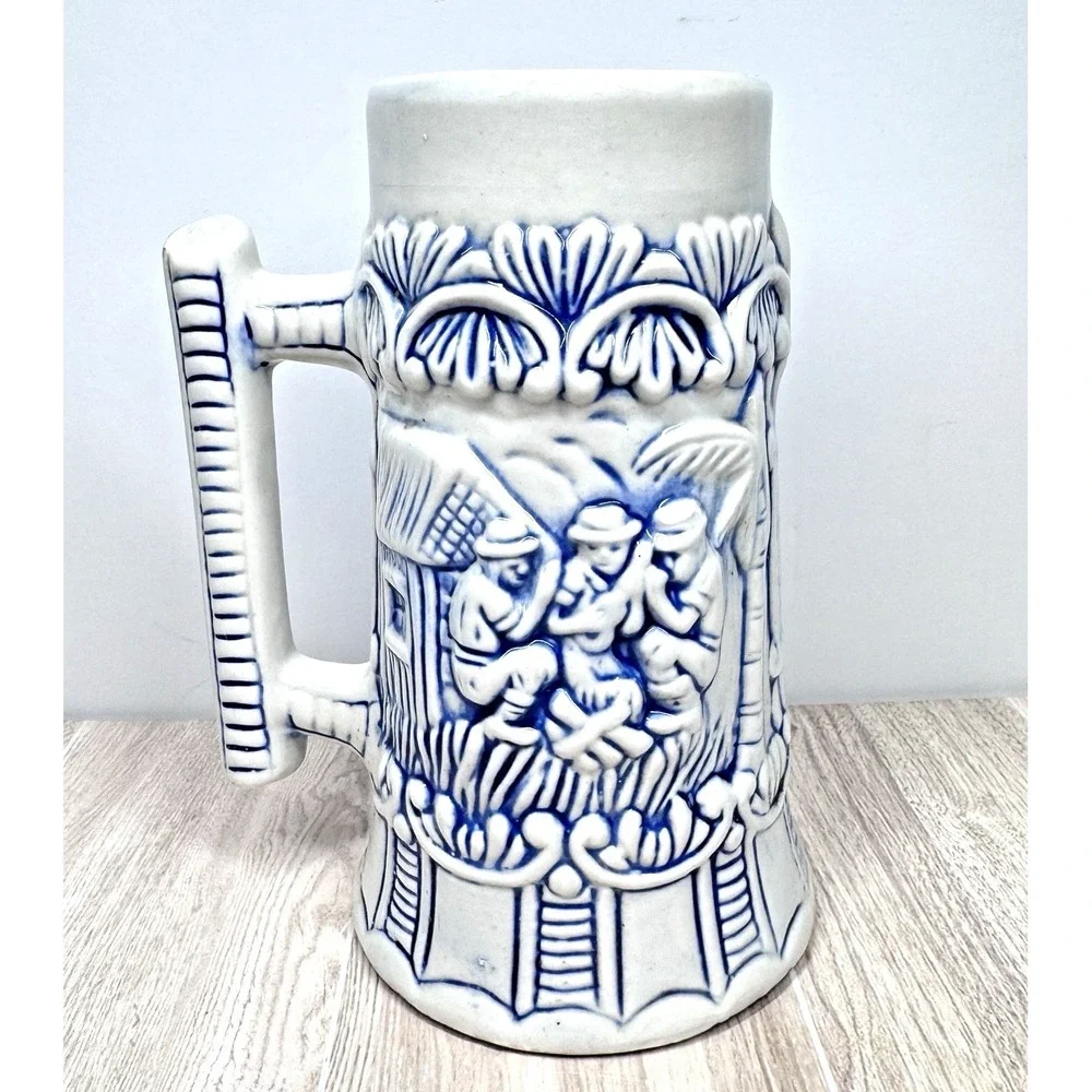 Vintage‎ Blue White Beer Stein Mug Relief German Style Brazil Stoneware
